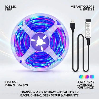 LED light strip, 3-button remote control, USB powered, suitable for home decoration, living room, bedroom, Christmas decoration.