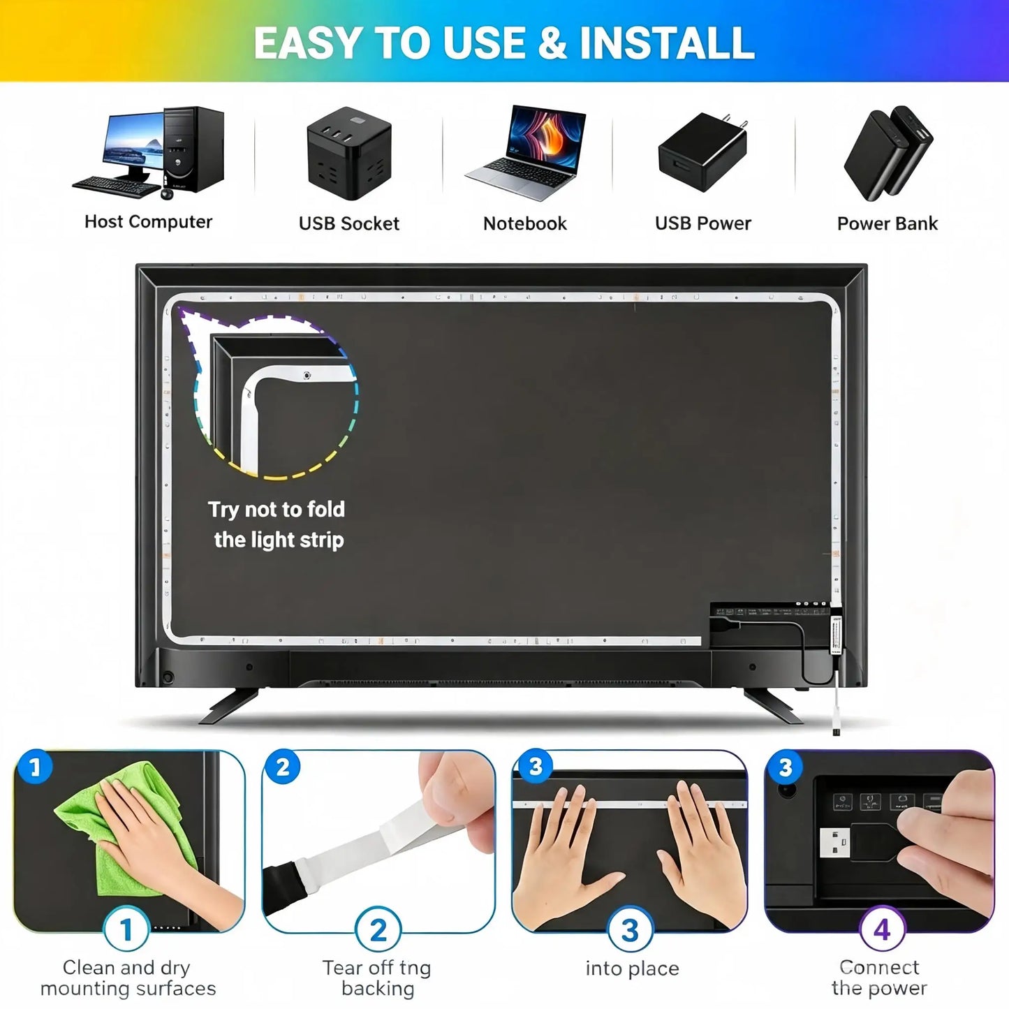 LED light strip, 3-button remote control, USB powered, suitable for home decoration, living room, bedroom, Christmas decoration.