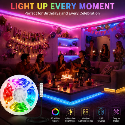 LED light strip, 3-button remote control, USB powered, suitable for home decoration, living room, bedroom, Christmas decoration.