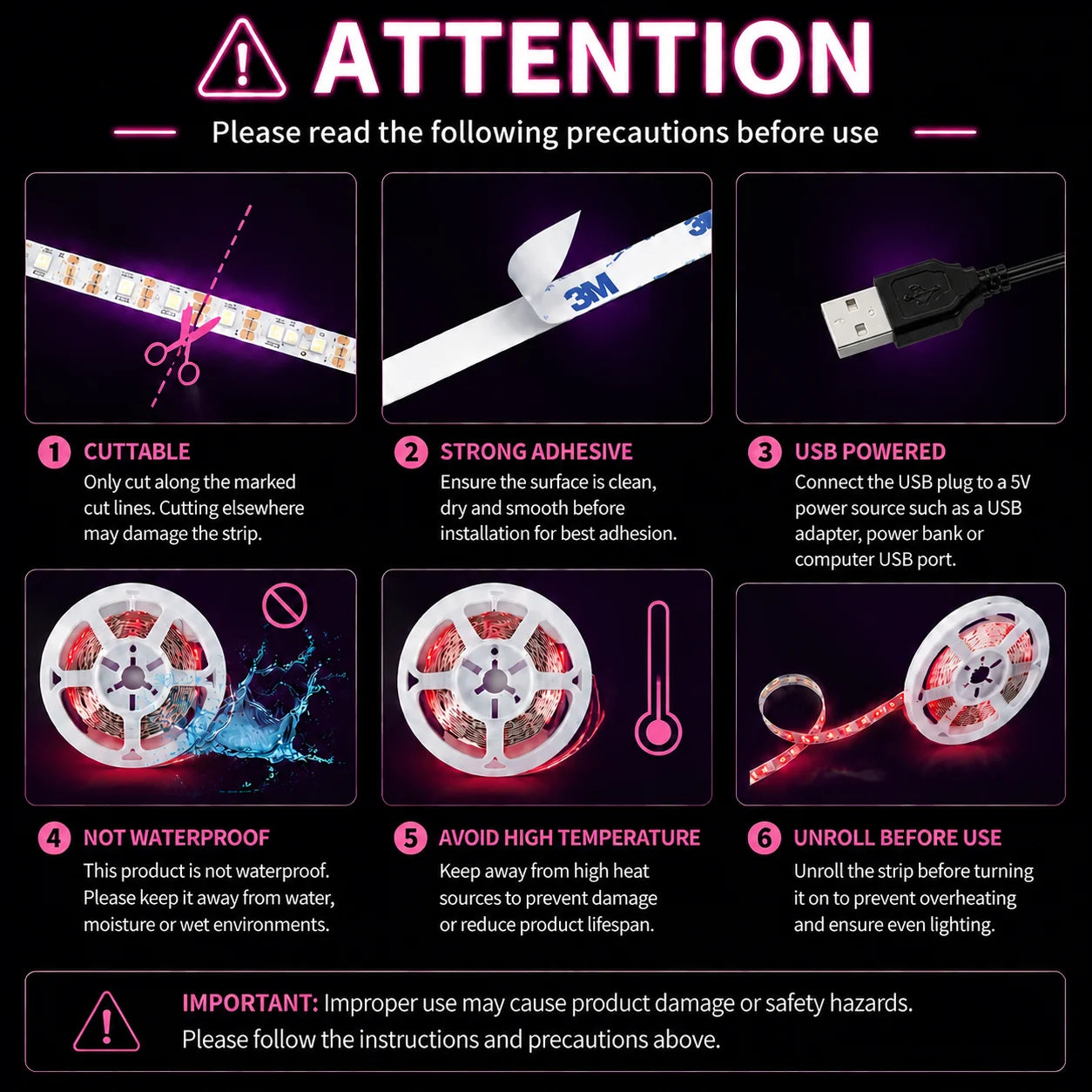 LED light strip, 3-button remote control, USB powered, suitable for home decoration, living room, bedroom, Christmas decoration.