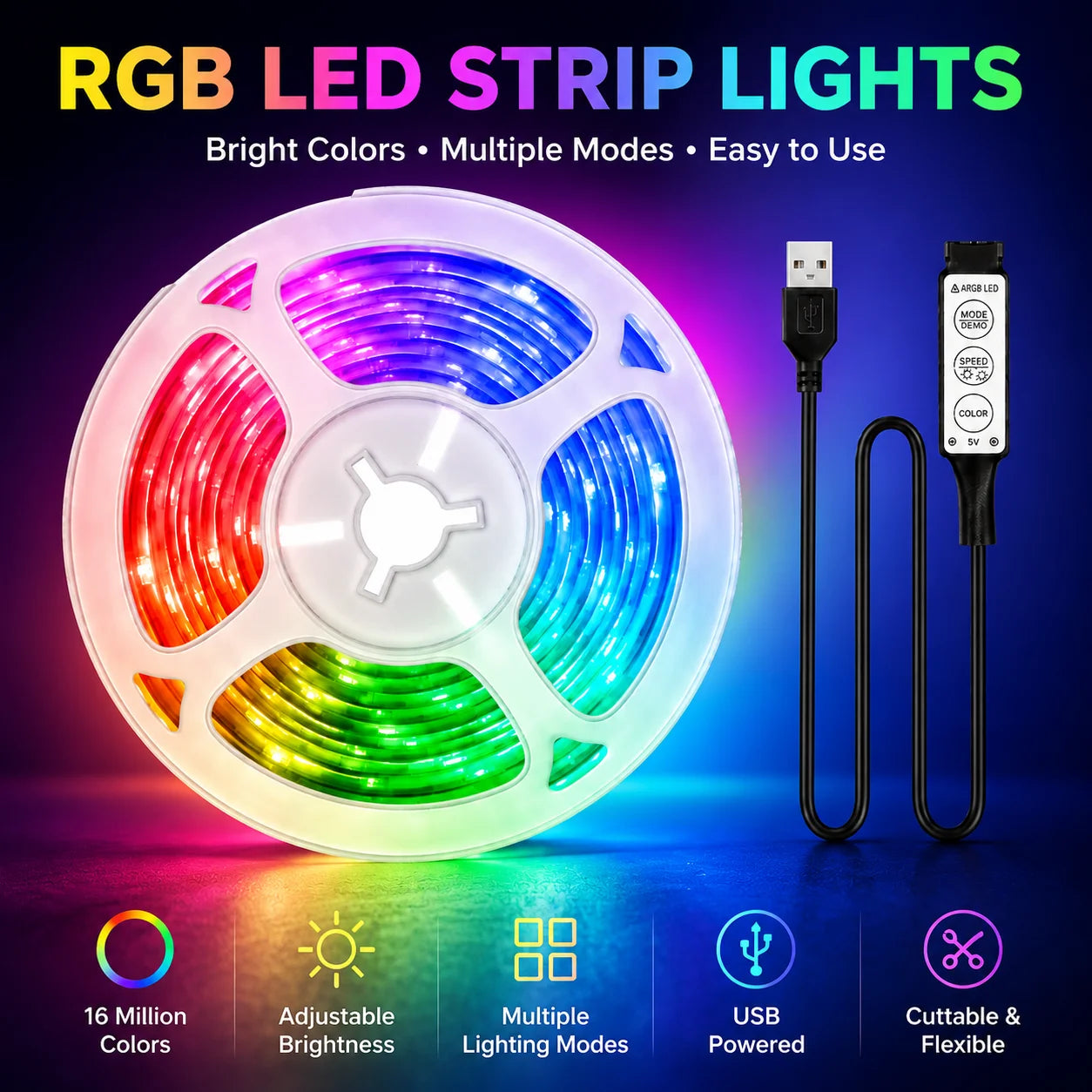 LED light strip, 3-button remote control, USB powered, suitable for home decoration, living room, bedroom, Christmas decoration.