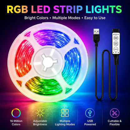 LED light strip, 3-button remote control, USB powered, suitable for home decoration, living room, bedroom, Christmas decoration.