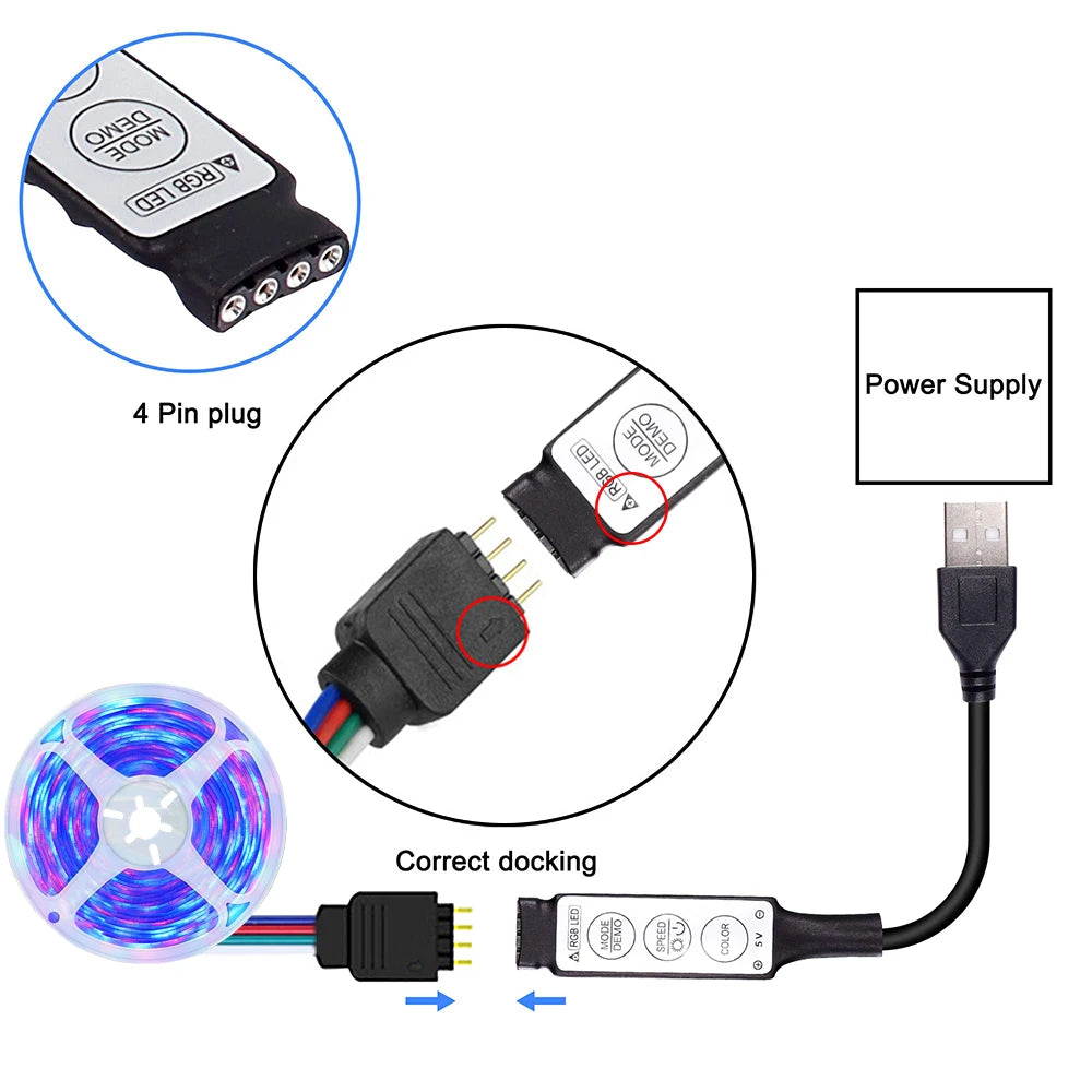 LED light strip, 3-button remote control, USB powered, suitable for home decoration, living room, bedroom, Christmas decoration.